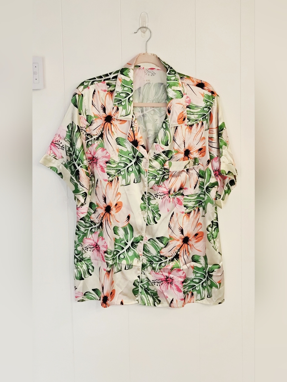 Tropical Floral Short-Sleeve Satin Pajama Set